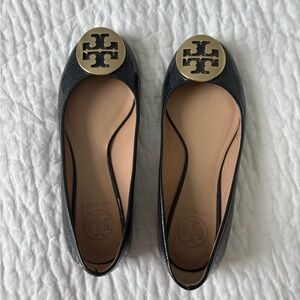 Tory Burch Black Flats with Gold Emblem